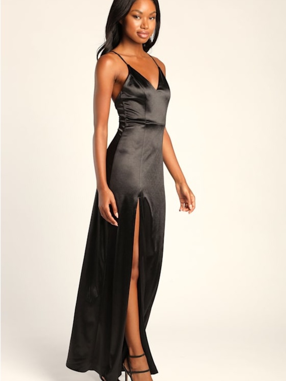 Lulus Sultry Sophistication Black Satin Backless Maxi Dress Size Large - Picture 4 of 12